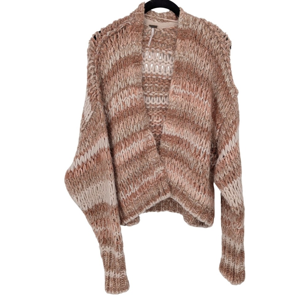 Free People Cardigan Women Large Pink Striped Chunky Knit Open Front Boho Fall